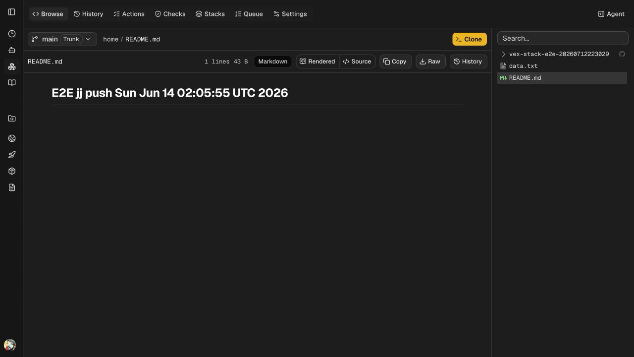 Vex e2e-test-org Home repository browse view with trunk selection, clone action, and source tree