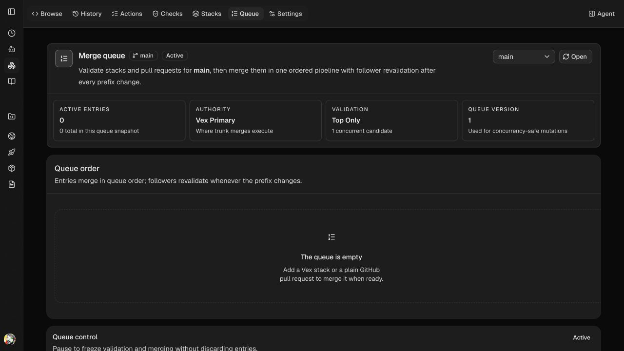 Vex e2e-test-org merge queue showing Vex Primary authority and an empty queue